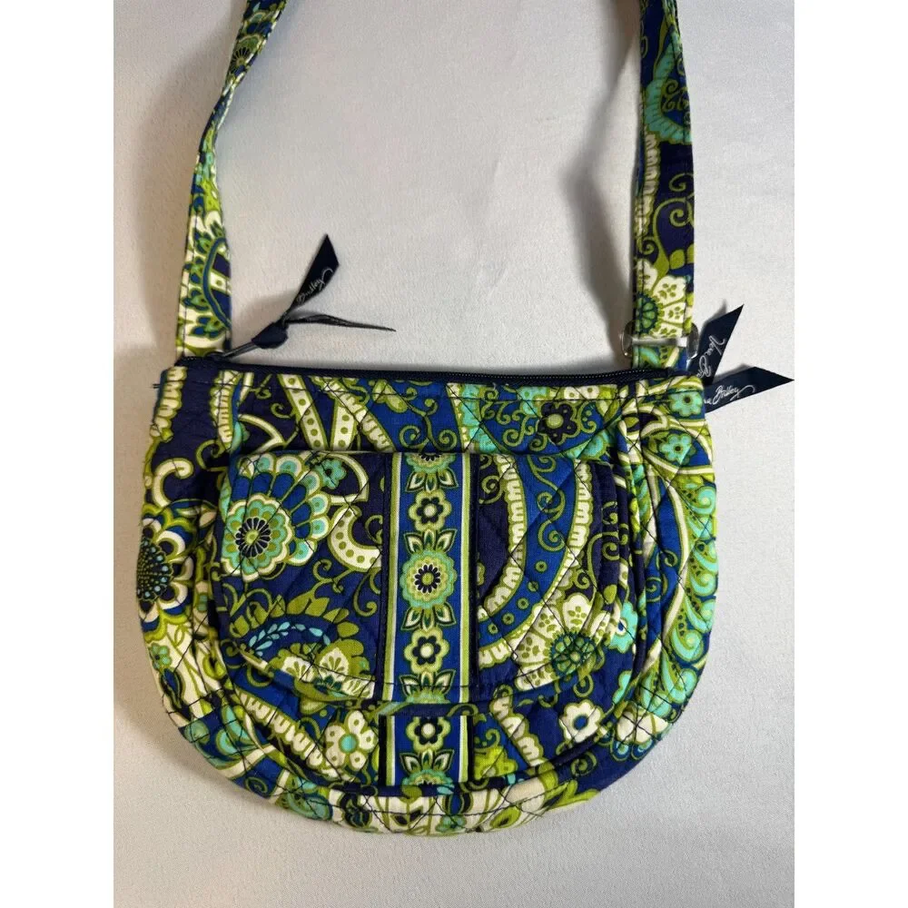 Vera Bradley Lizzy Crossbody Blue, Black, Green and White pattern.